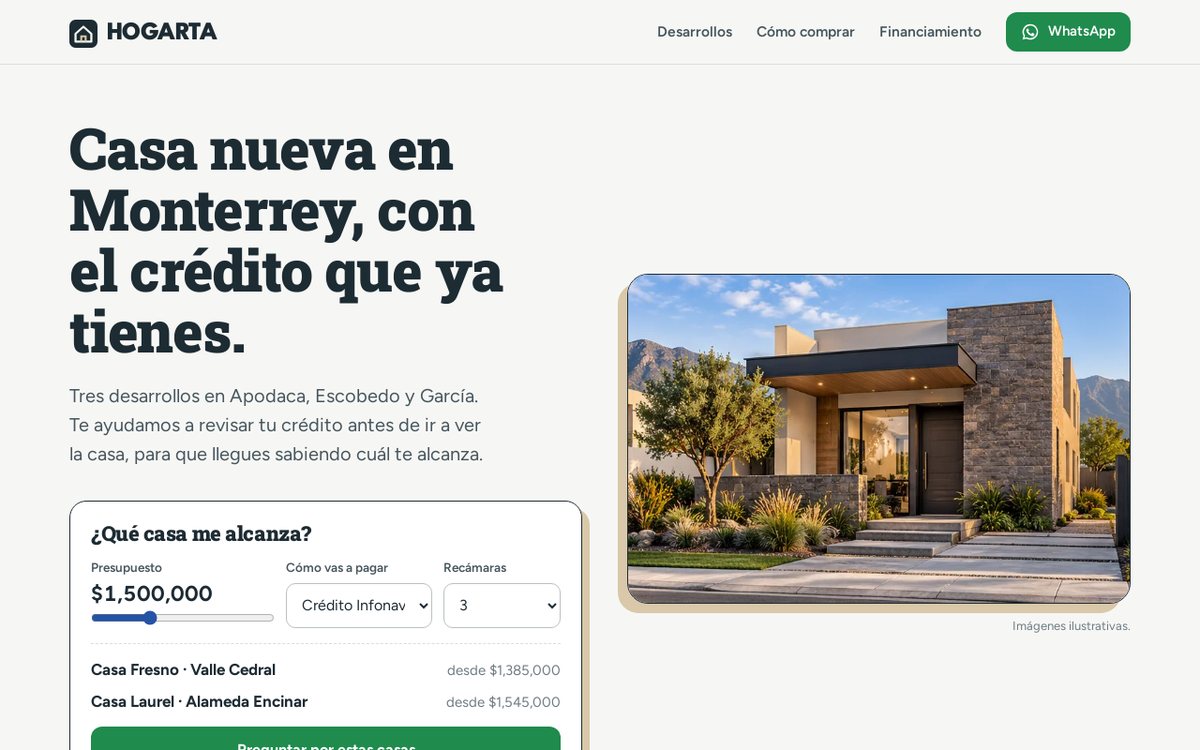 Página de Hogarta Inmobiliaria, inmobiliaria de demostración con casas nuevas en Monterrey
